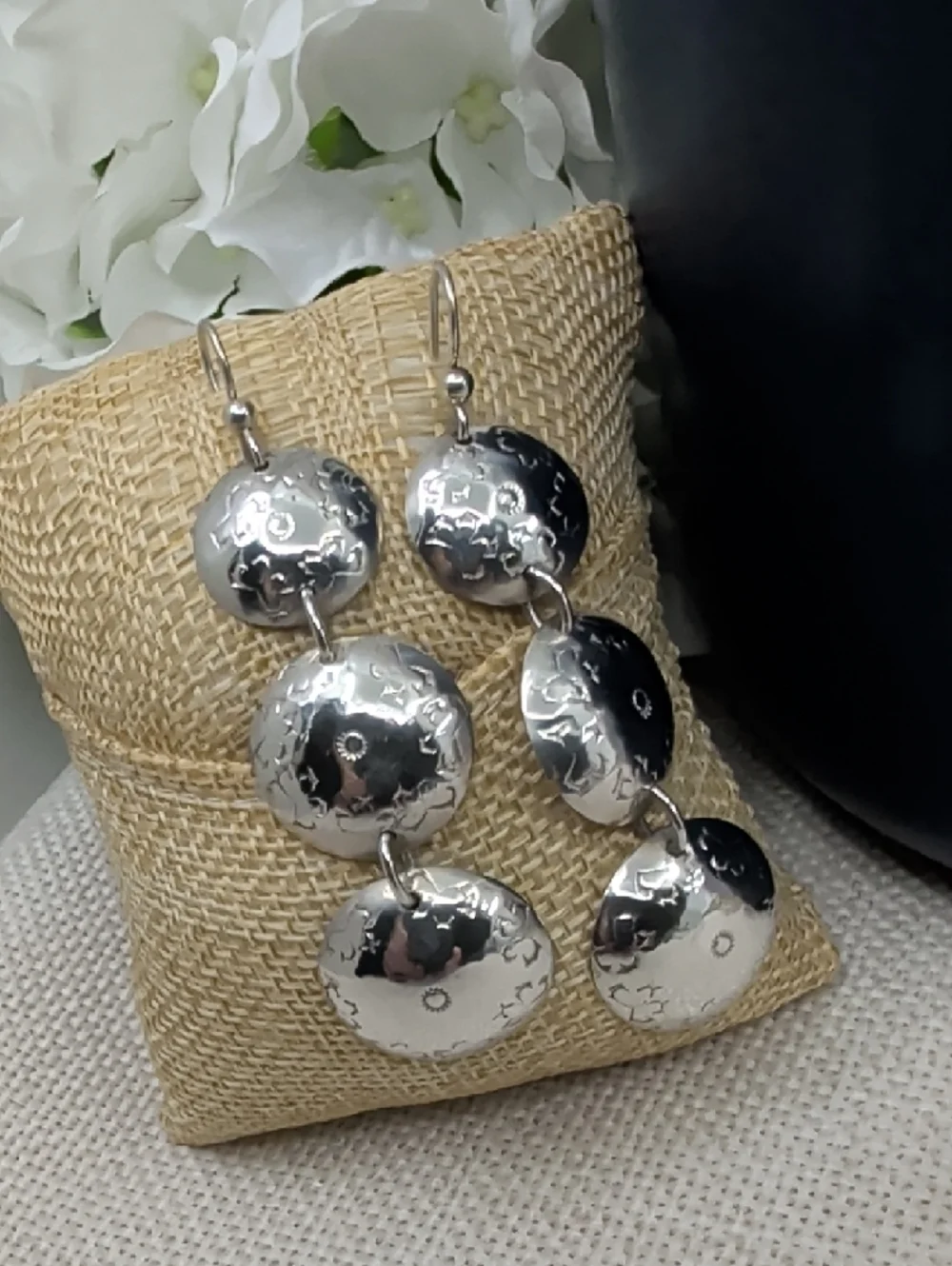 Vintage Sterling Silver Graduated Dome Disc Drop Earrings Handmade Artisan 1990s